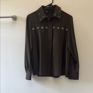Zara Olive Green Eyelet Detail Shirt